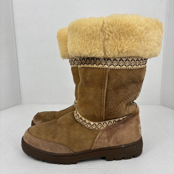 UGG Sundance Boots Size 9 Brown Genuine Leather Pure Wool Lining Fold Over - Picture 4 of 11